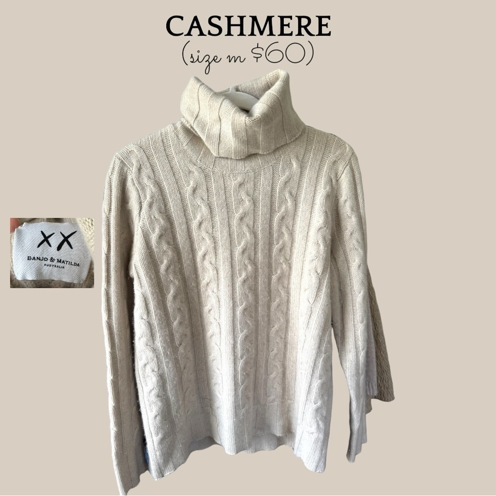 Banjo & Matilda Cream Cashmere Turtleneck Cable-Knit Sweater